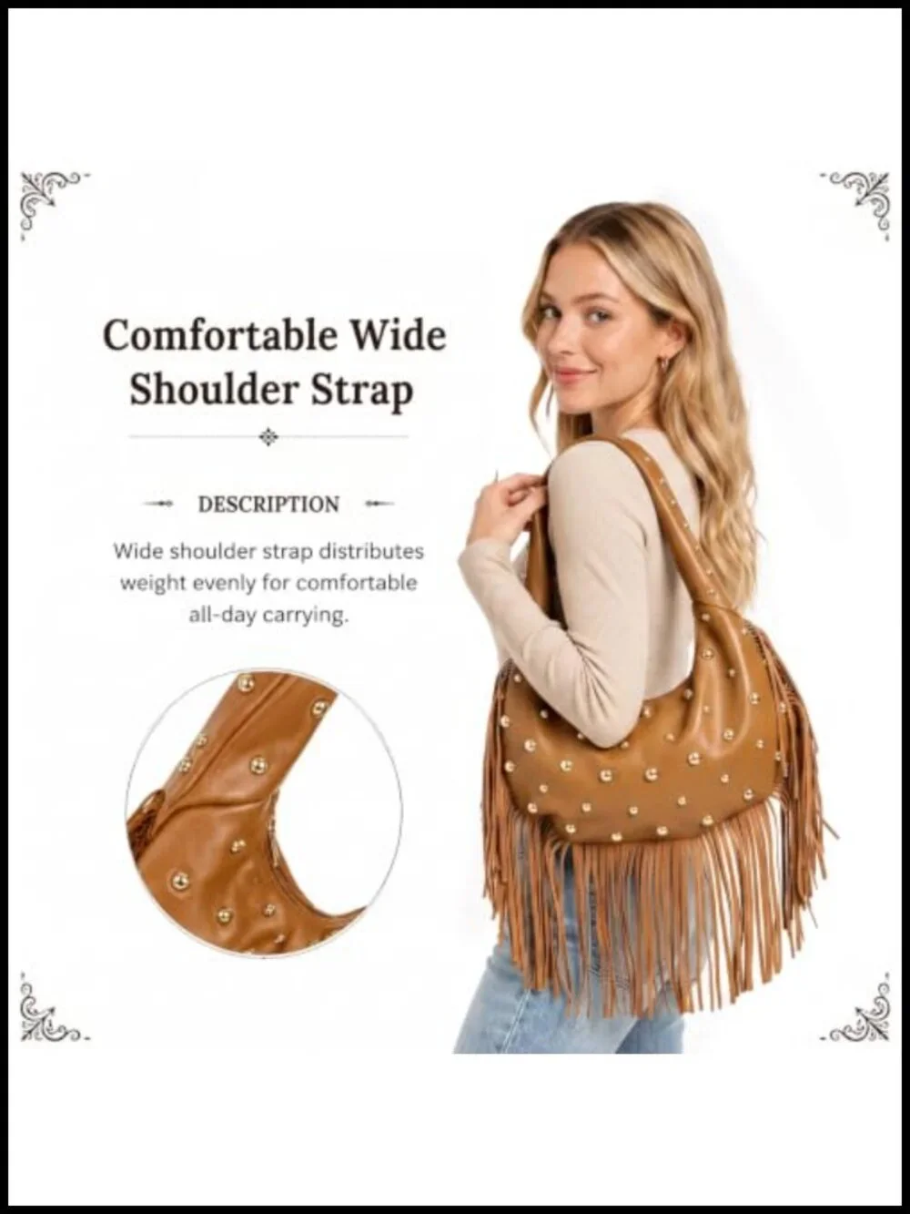 Studded Fringe Hobo Bag Faux Leather Western Cowgirl Tassel Shoulder Purse